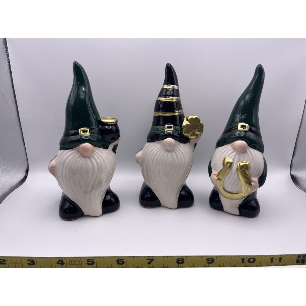 St Patricks Day Ceramic Gnome Figurine Set of 3 Pot of Gold Horseshoe Shamrock